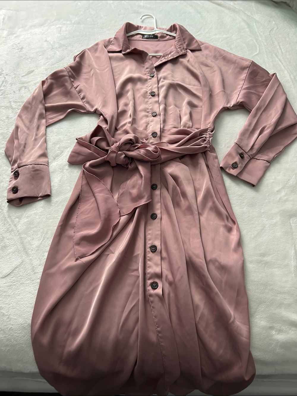 Satin Tie-Waist Shirt Maternity Dress in Mauve Pink